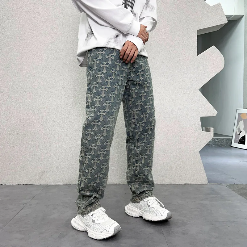 Vintage Printed Washed High-End Jeans Men's Autumn New 2024High Street Fashionable Loose Wide Leg Hip Hop Mopping Denim Trousers