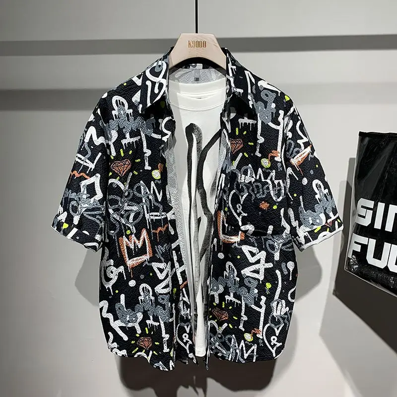 

Elegant Fashion Harajuku Slim Fit Ropa Hombre Loose Casual Sport All Match Tops Square Neck Printed Button Short Sleeve Blusa