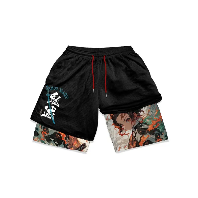 Demon Slayer Anime Gym Shorts Men 3D Print Workout Quick Dry Performance Shorts Cartoon Running Mesh Sports Short Pants Gift