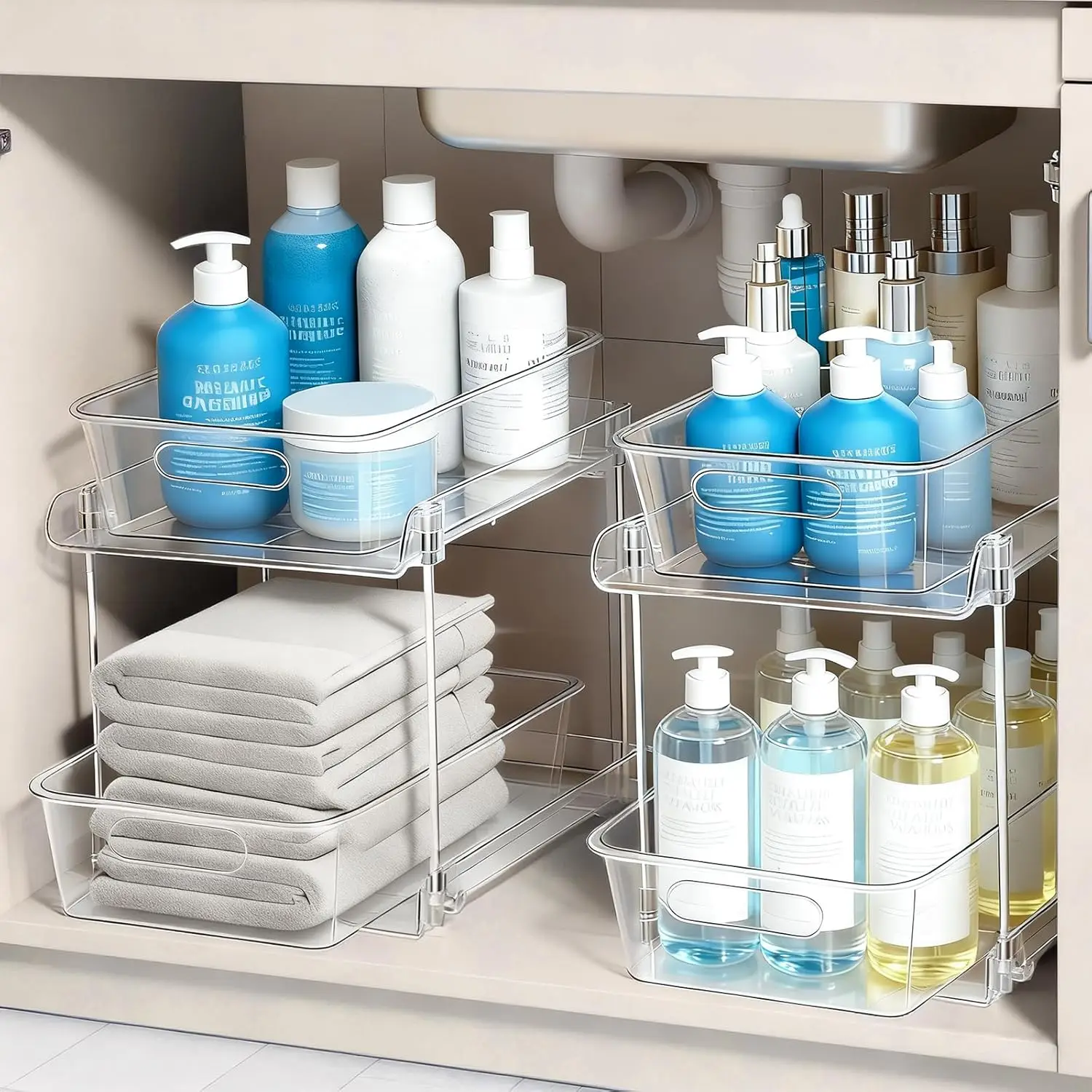 

2 Tier Under Sink Organizer Bathroom Organizers and Storage, Clear Stackable Bathroom Cabinet Organizer, Multipurpose Pull-Ou