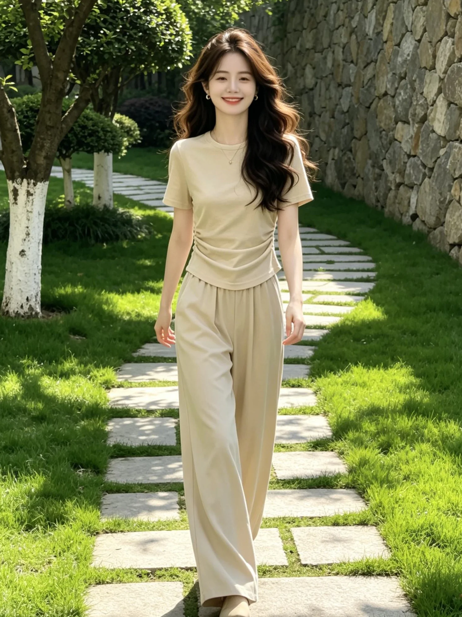 

Gray Short Sleeve T-Shirt Wide Leg Pants Women's Summer Fashion Set Casual Style Comfortable Fit High Waist round Neck Two-Pi...