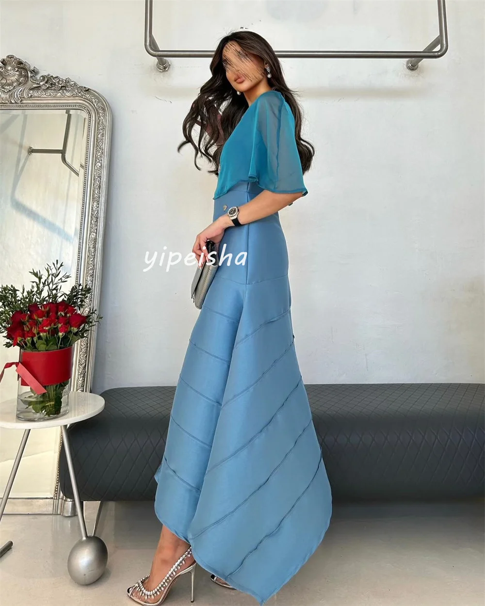 Customized Fashion Simple Pleat A-line High Collar Midi Dresses Evening Dresses Sizes Available High Quality Modern Style Matchi