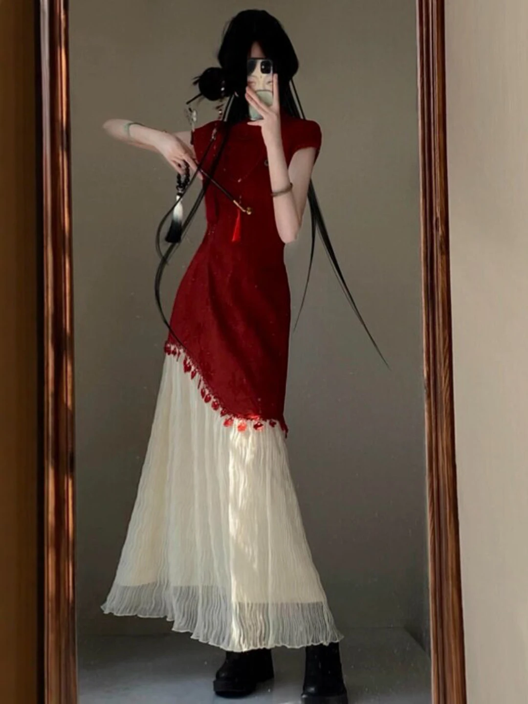 

New Chinese Style National Trend Improved Dress Beautiful Unique Fake Two-Piece Slimming Long Summer Dress