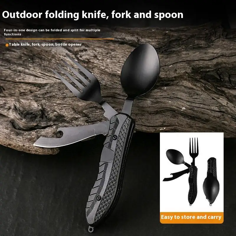 

3-in-1 Multi-Tool Camping Picnic Portable Folding Tableware Stainless Steel Folding Spoon Fork Knife Bottle Opener