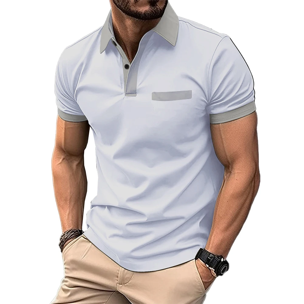 Mens Tops Shirt Short Sleeve Slim Fit Stripe T Shirt Tee Blouse Button Collar For Summer Regular Sport Fashion