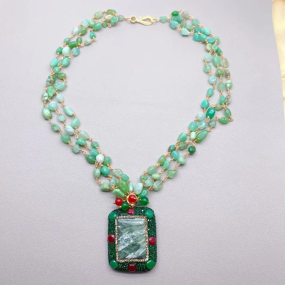 YYGEM 3 Strands 5x7mm Green Chrysoprase Rosary Chain Necklace 38x42mm Natural Rectangle Seraphinite Pendant