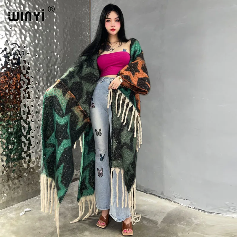 WINYI winter coat for women gradient print tassels Luxury Fur Loose OverCoat Thick Warm long down coat Europe cardigan jacket