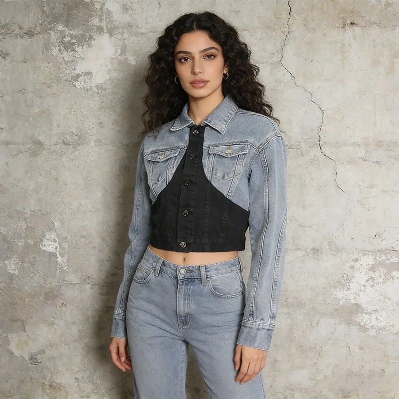 Patchwork Lapel Denim Jackets Single Breasted Casual Short Color-blocking Outerwears Street Stylish 2026 Spring New Ladies Cloth