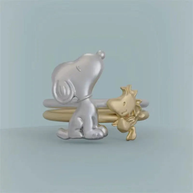 Snoopy Woodstock Stackable Ring Set Peanuts Cartoon Adjustable Open Rings Kawaii Two Tone Couple Matching Jewelry Gift