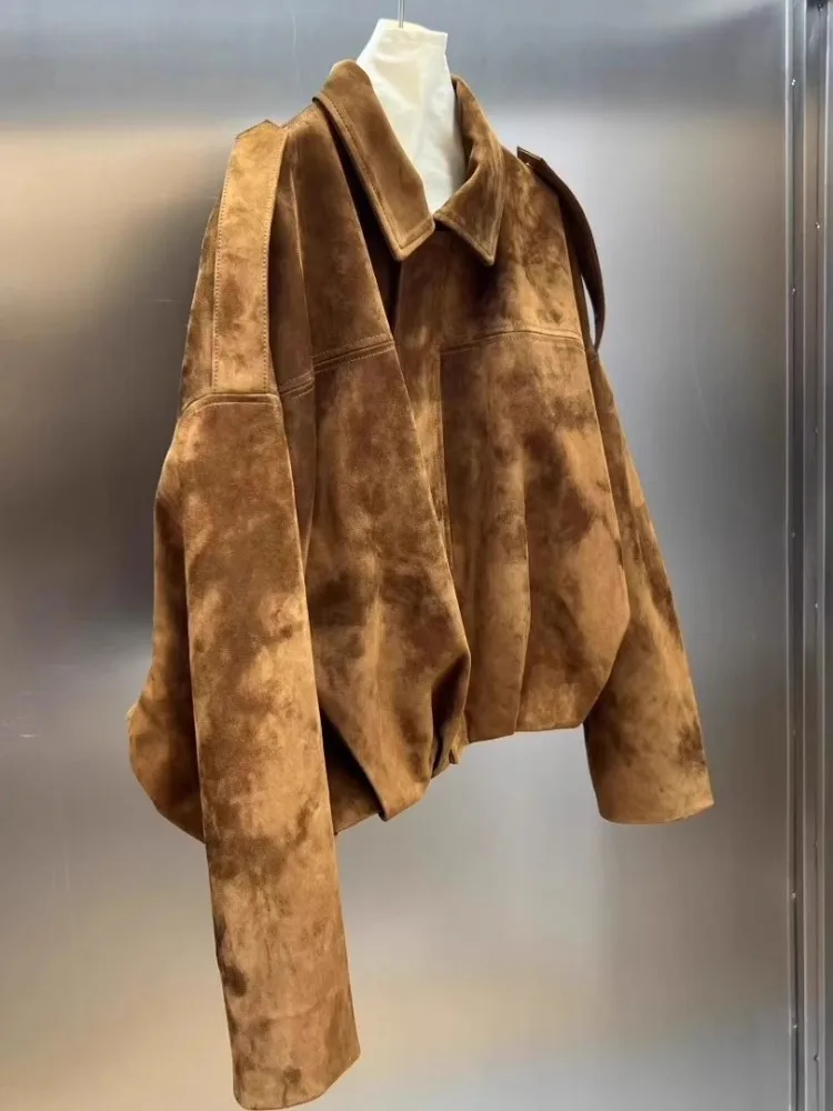 Echtes Leder Wildleder Dame Jacke Batwing Hülse Oberbekleidung Turndown Kragen Schaffell Kurze Jacken Herbst Luxus Lose Fit Mantel