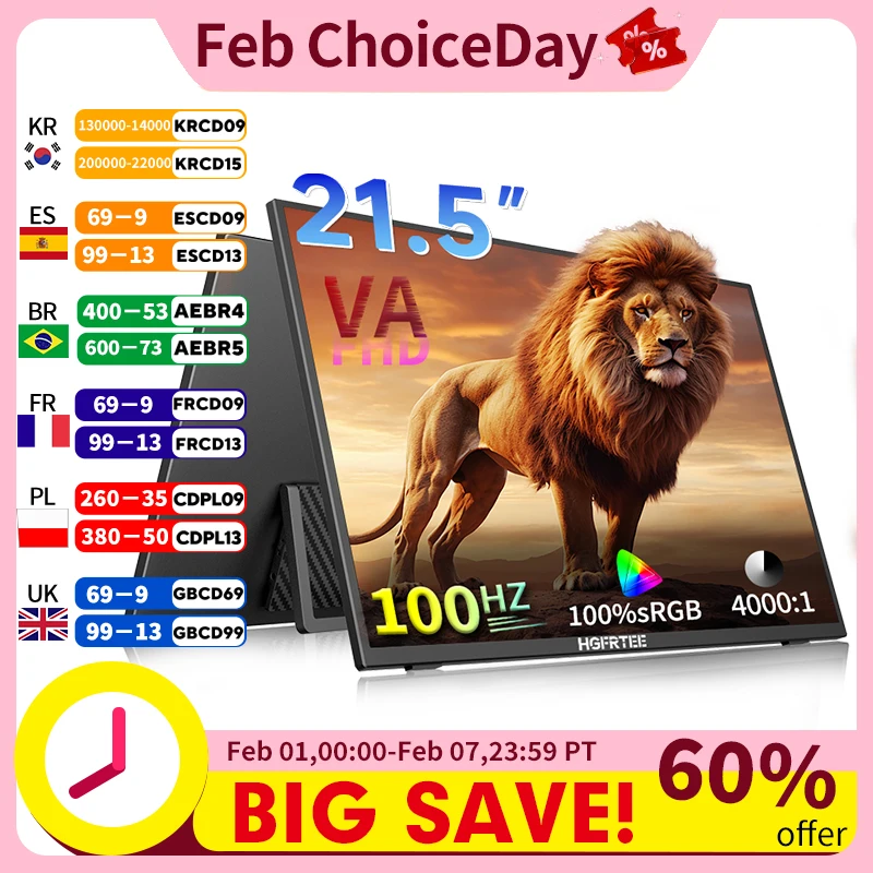

HGFRTEE 21,5-дюймовый портативный игровой монитор Full HD 1080P 100 Гц 4000:1 Контрастный игровой экран для ПК для XBox PS4/5 Switch VA Panel