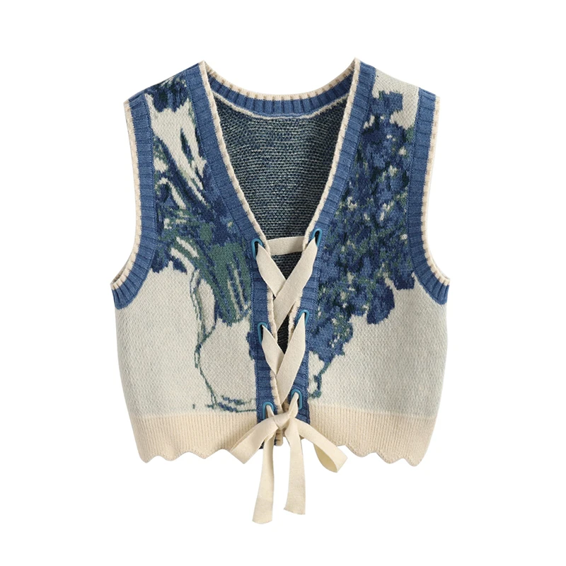 Vintage Sweater Vests Women Harajuku Print Sleeveless Knitted Waistcoat Streetwear Korean Cropped Bandage Knitwear Tank Top New