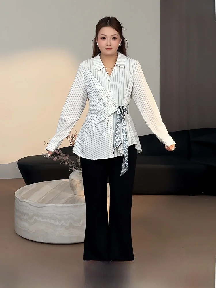 

Комплект для женщин больших размеров: утягивающий полосатый топ и широкие брюки в корейском стиле для офиса и повседневной носки, осенний, из полиэстера