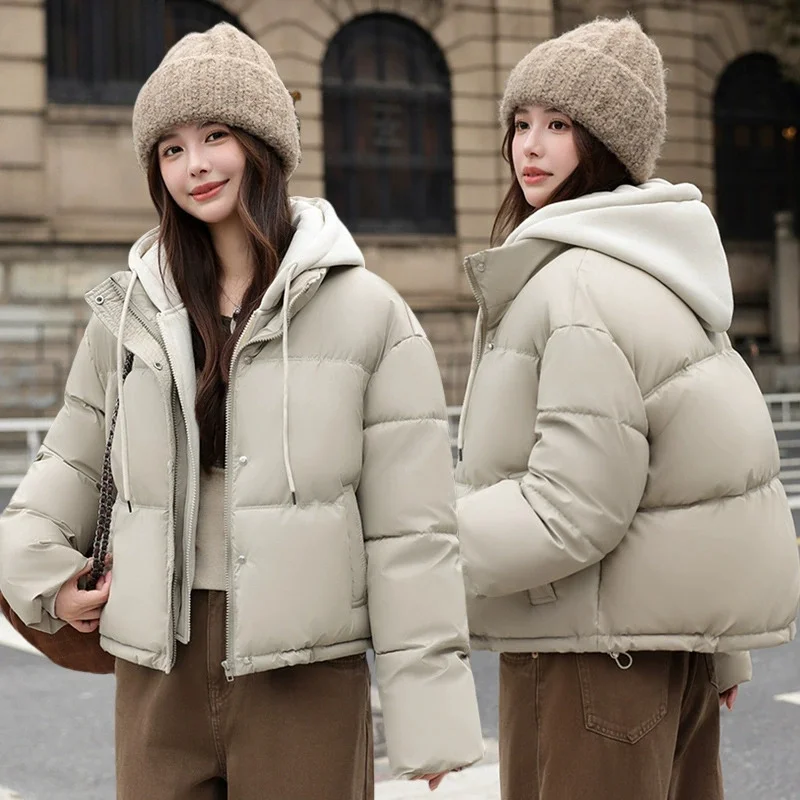 Women Parkas Fake Two Cotton Coats No Wash Winter Jacket New PU Short Thick Hooded Bread Cotton Padded Jacket Female Outerwear