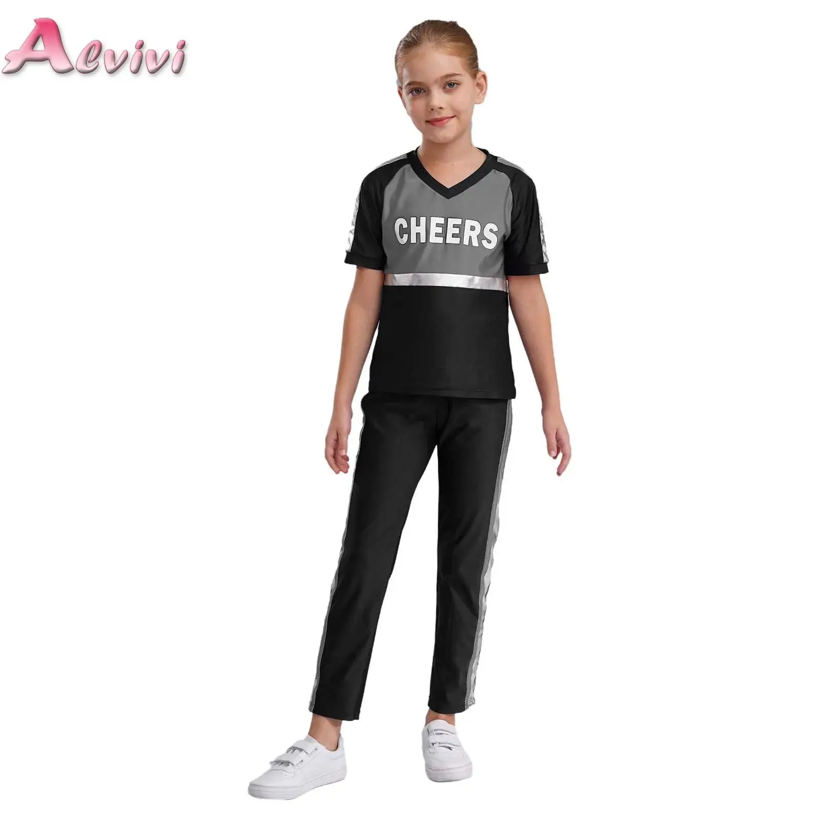 

Girls Boys Cheerleader Costume Cheer Letter Print Cheerleading Uniform Children Cheer Dance T-shirt with Pants Stage Dancewear