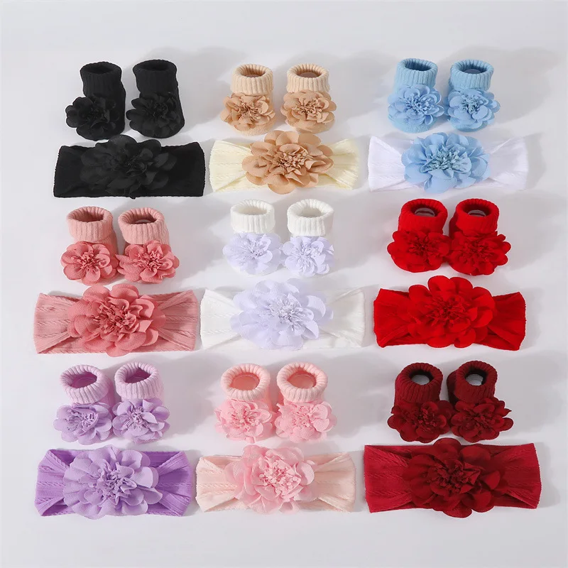

1Set Newborn Floral Knitted Headbands Mid Socks Solid Baby Soft Prewalker Non-slip Floor Sock Girl Cute Infant Hairband Socks