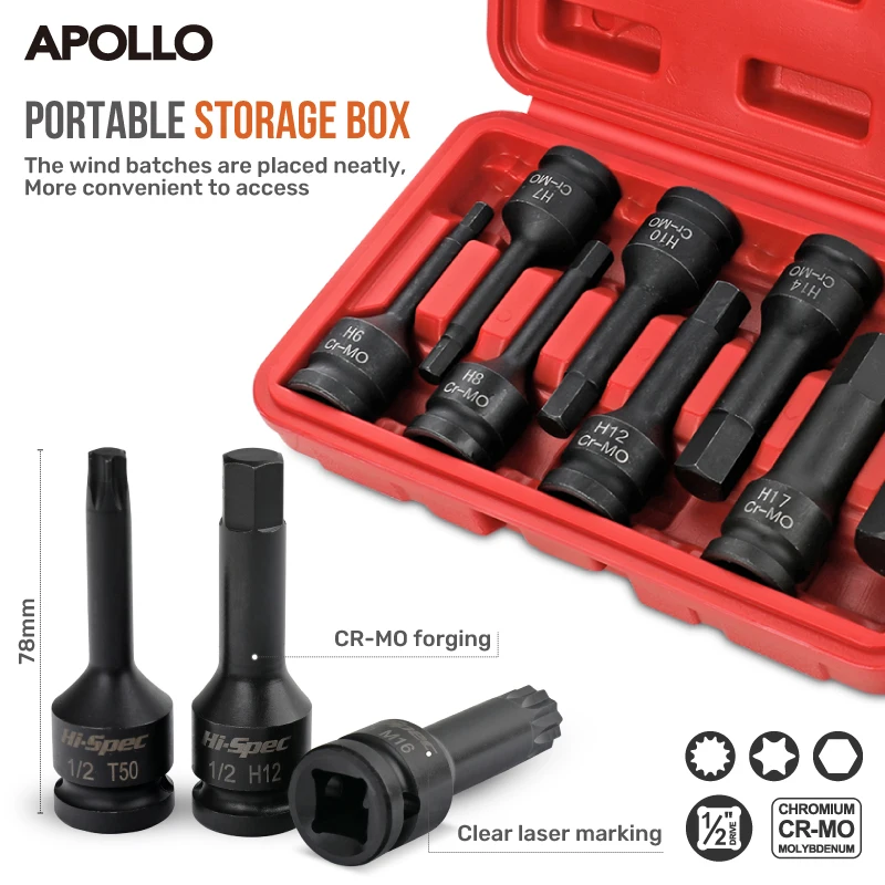 أبولو 1/2 "محرك تأثير توركس ستار بت المقبس مجموعات المفتاح الكهربائي المقبس تمديد محول تأثير المقبس مجموعة، مفتاح بانة مجموعة