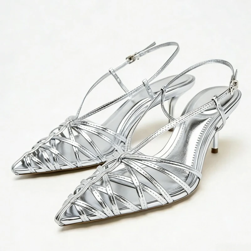 

Luxury Brand Silver Narrow Strap Heeled Sandals Women Summer Sexy Pointed Toe Slingback Shoes Fashion Banquet Designer Shoes