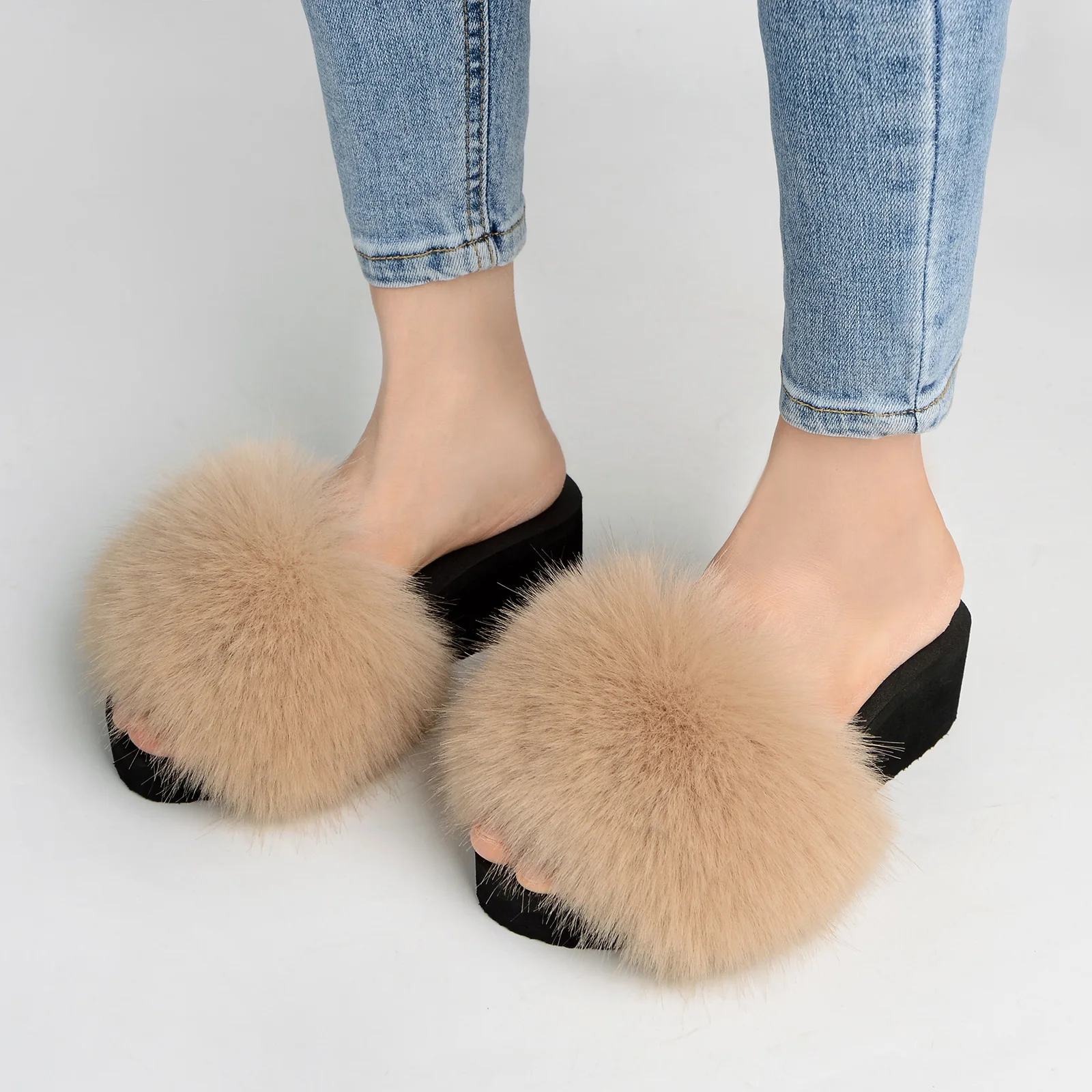 New Style Women\'S Furry Fur Slippers Fake Fox Fur Fluffy Sandals Summer Non-Slip Open-Toed Indoor Sandals