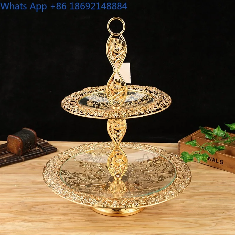 

European Style Home Hotel Double Layer Fruit Plate KTV Supplies Metal Tempered Glass Fruit Plate
