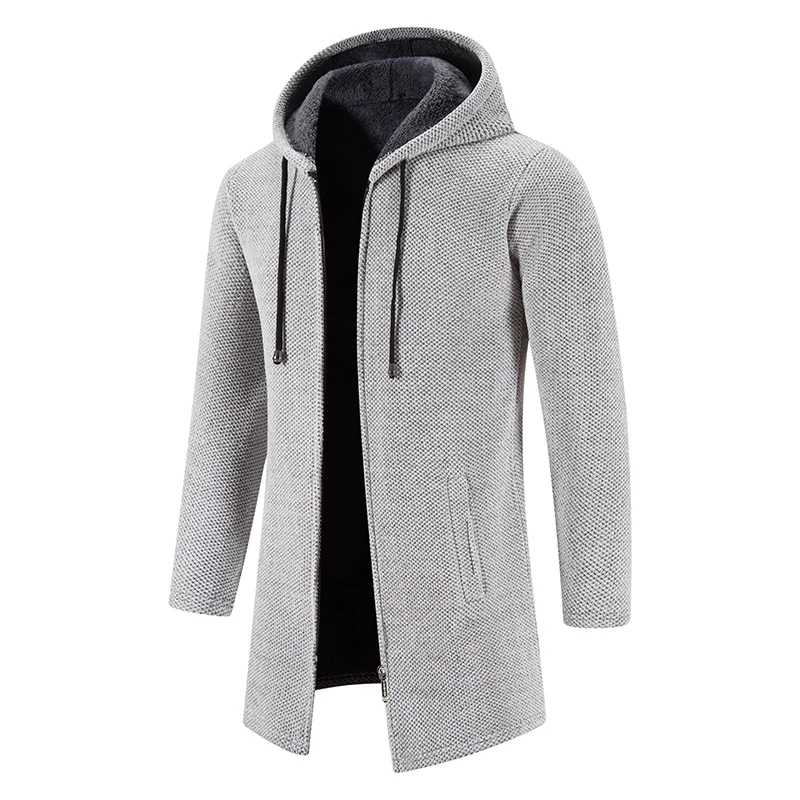 Winter Men\'s Mid To Long Length Jacket with Thick Fleece Hooded Sweater Cardigan Casual Versatile Warm Knit Jacket Windbreaker