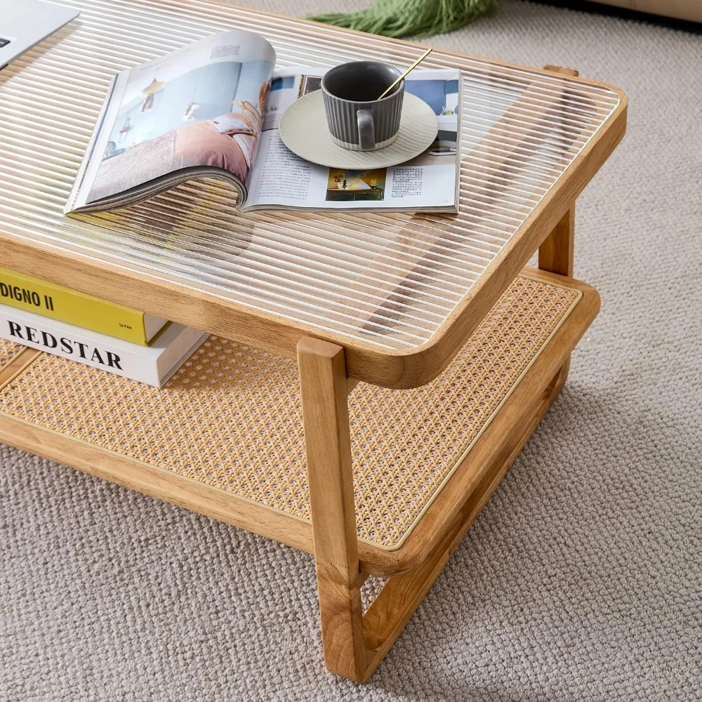 Glass Top Coffee Table With Imitation Rattan Storage Shelf Rectangle Coffee Table for Living Room Furniture Tables Luxury Design