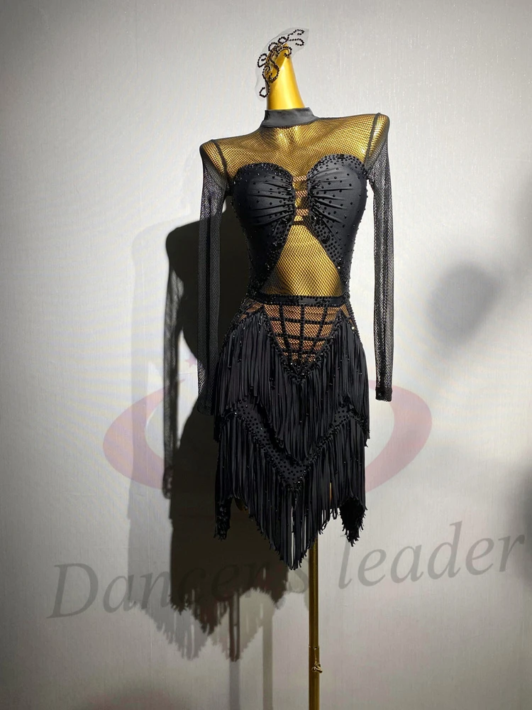 라틴 댄스 AB 스톤 여성 성인 어린이 고급 맞춤형 블랙 메쉬 스플라이싱 블랙 풀 삼바 공연 드레스