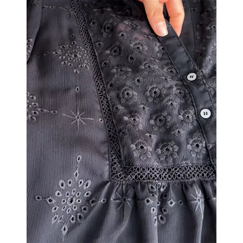 The Drape Is Slightly Sexy And The Black Hollow V-Neck Sweet With Long Sleeves Spring And Summer Shirts And Women's Dresses view 5