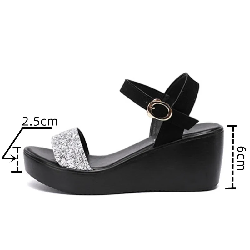 Small Big Size 32-43 Bling Silver Black High Heels Wedges Shoes Women Summer 2024 Thick Sole Platform Sandals Beach