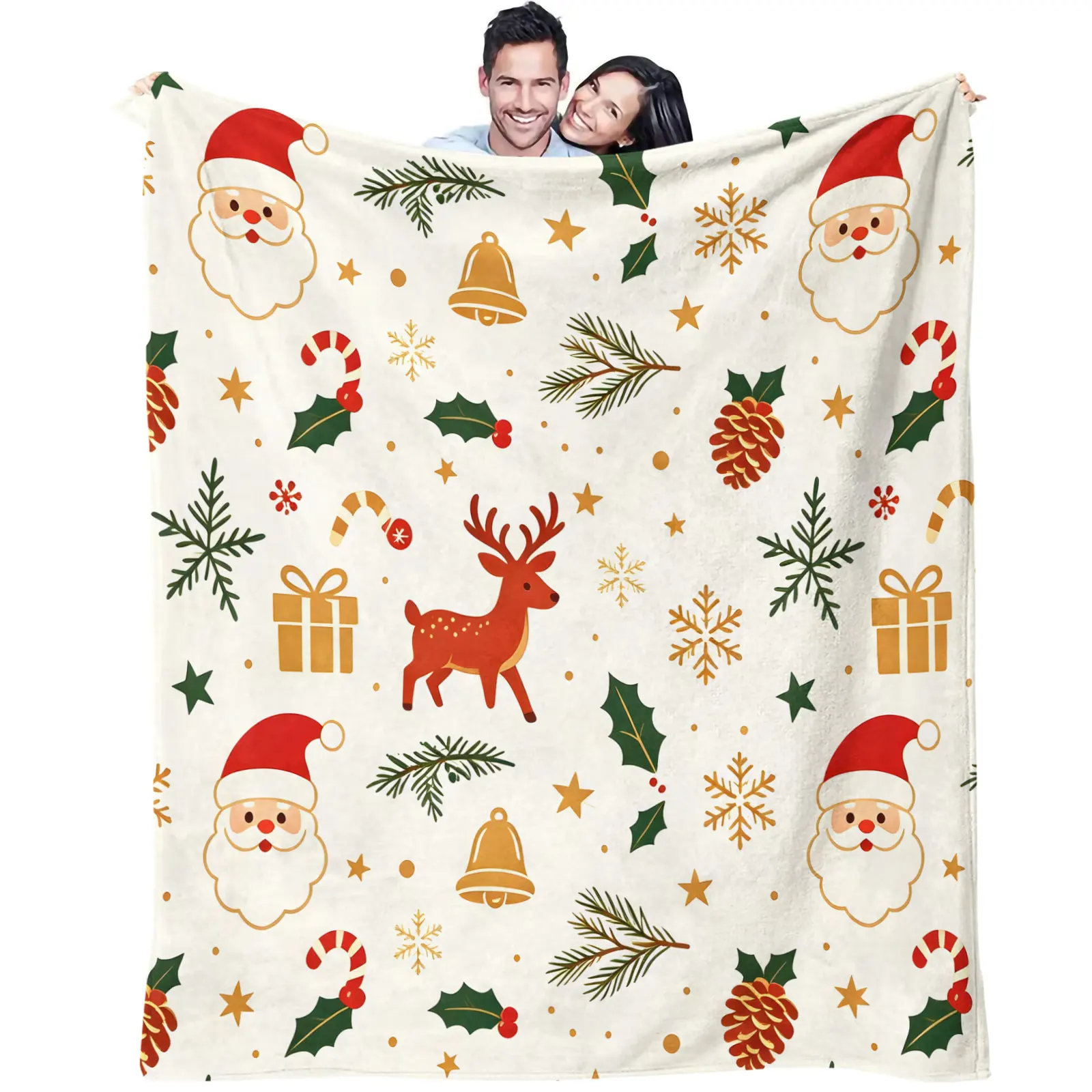 Christmas Flannel Throw Blanket Santa Claus Reindeer Bell Gift Box Snowflake Print Soft Plush Blanket for Sofa Bed Xmas Decor