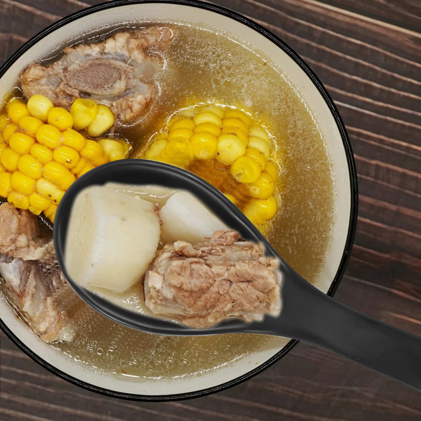 

6Pcs Plastic Soup Spoons Black Frosted Melamine Long Handle Kitchen Tableware for Home Restaurant Catering Camping Eating