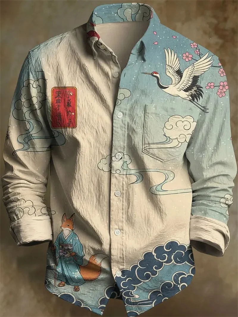 New Gradient Blue Bottom Fox Fairy Red Top Crane Cherry Blossom Lucky Cloud Printed Men's Long Sleeve Shirt