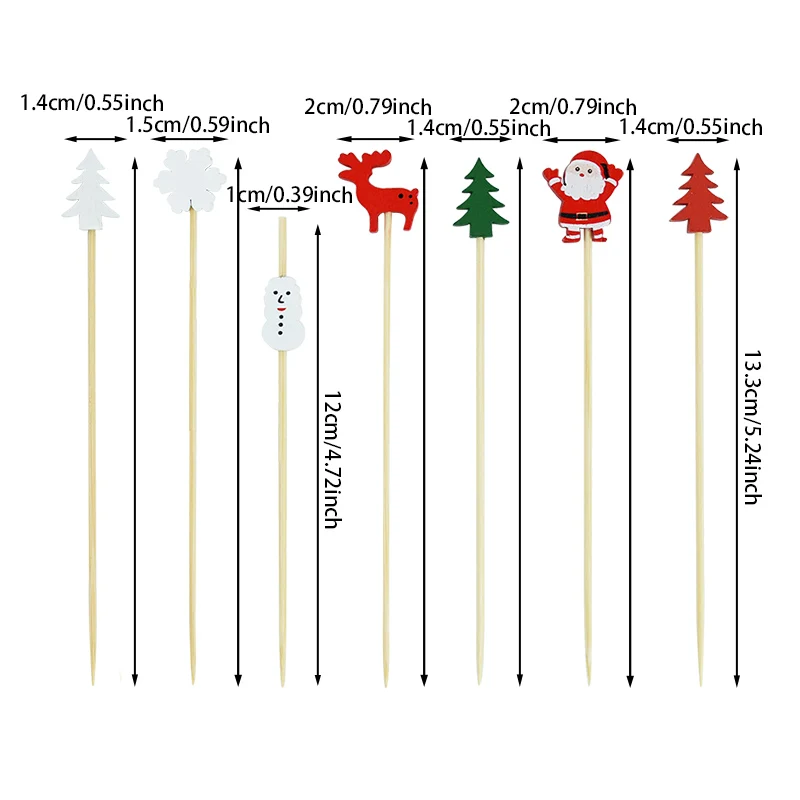 50/100 шт. рождественские одноразовые бамбуковые шампуры, пищевые коктейли, шведский стол, фруктовый кекс, вилка, палочки, декор для новогодней