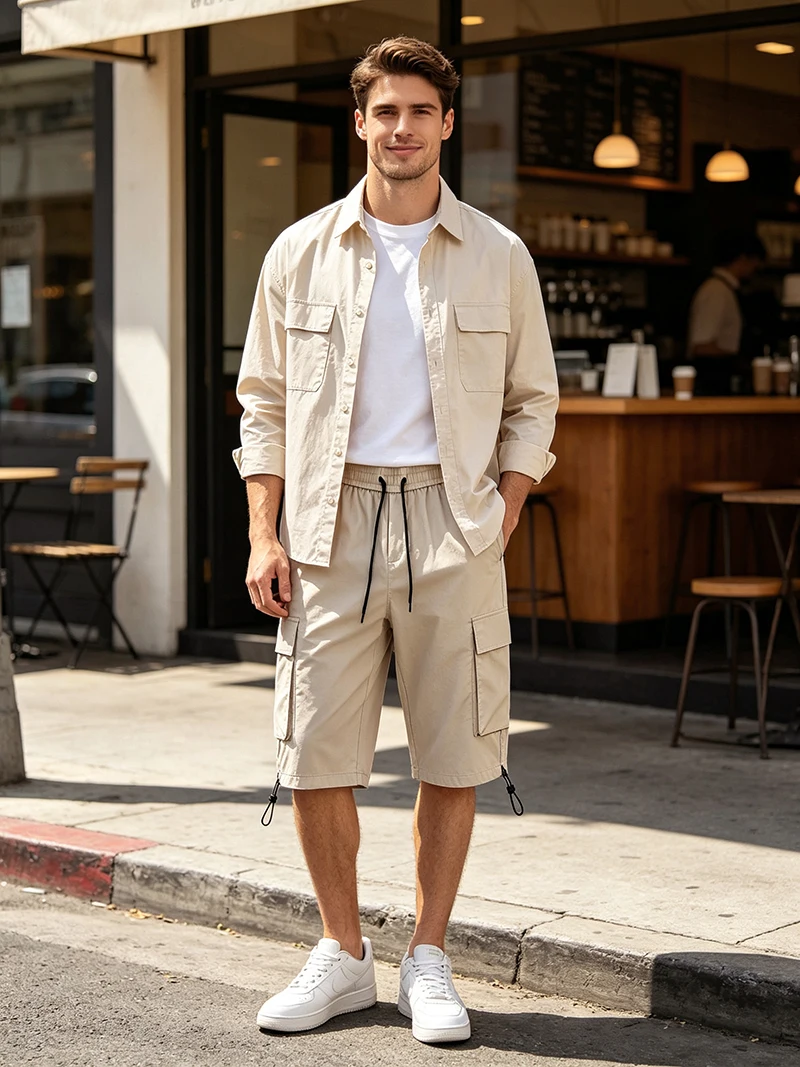 Herren Sommer Cargo Caprihose mit Reißverschlusstaschen, regulärer Passform, elastischem Bund, Kordelzug am Saum, für Freizeit, Outdoor, Wandern, Reisen und Alltag. – Detail 14