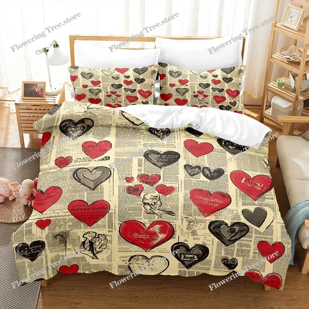 

Love Heart and Newspaper Splicing Bedding Set Comforter Cover Soft Romantic Duvet Cover for Girls Women Room Valentine's Day
