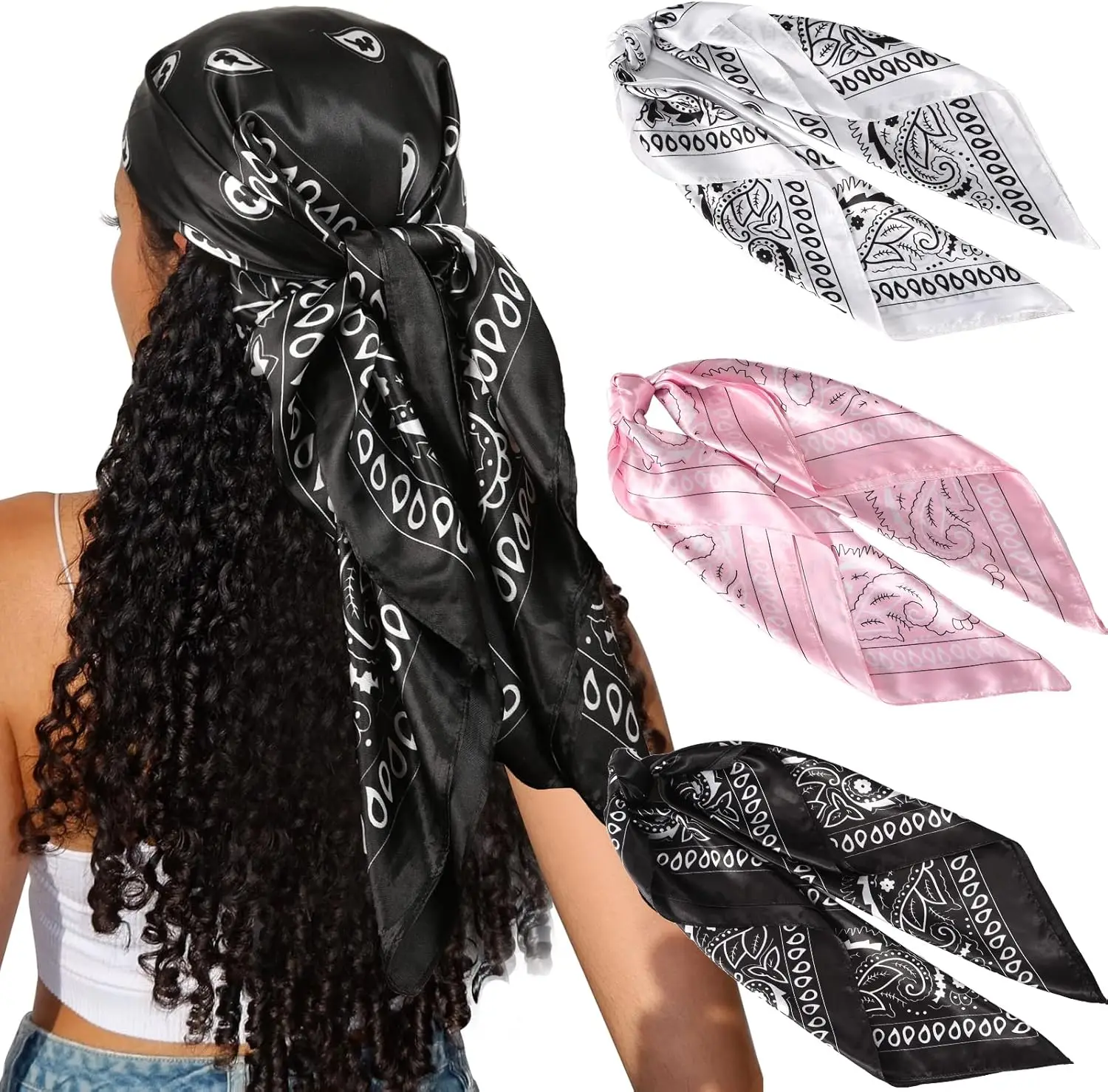 

35" Satin Square Hair Scarf Bandanas 3Pcs Large Silk Head Scarves Lightweight Sleeping Wraps