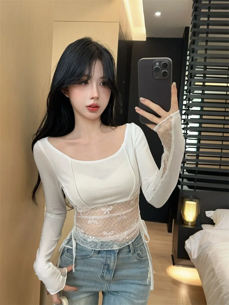 

Sexy Lace Splice Long Sleeve T-Shirt Slim Fit Elegant Knot Texture See through Fashionable Top Women's plus Size