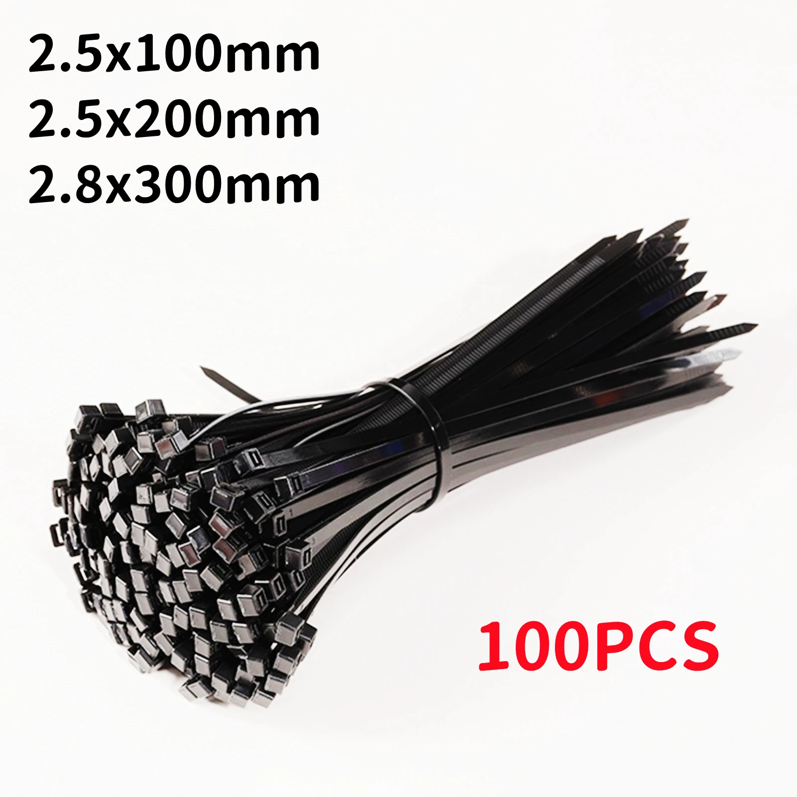 

100pcs Self-Locked Nylon Cable Tie Black Plastic Wire Zip Ties Sets Fixed Binding Electric Wire Wrap Tie 2.5x100 2.5x200 2.8x300