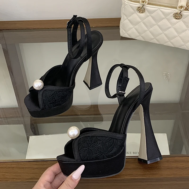 

Eilyken Summer Fashion Peep Toe Women Sandals High Quality Satin Pearl Square Heels Shoes Buckle Strap Zapatos De Mujer
