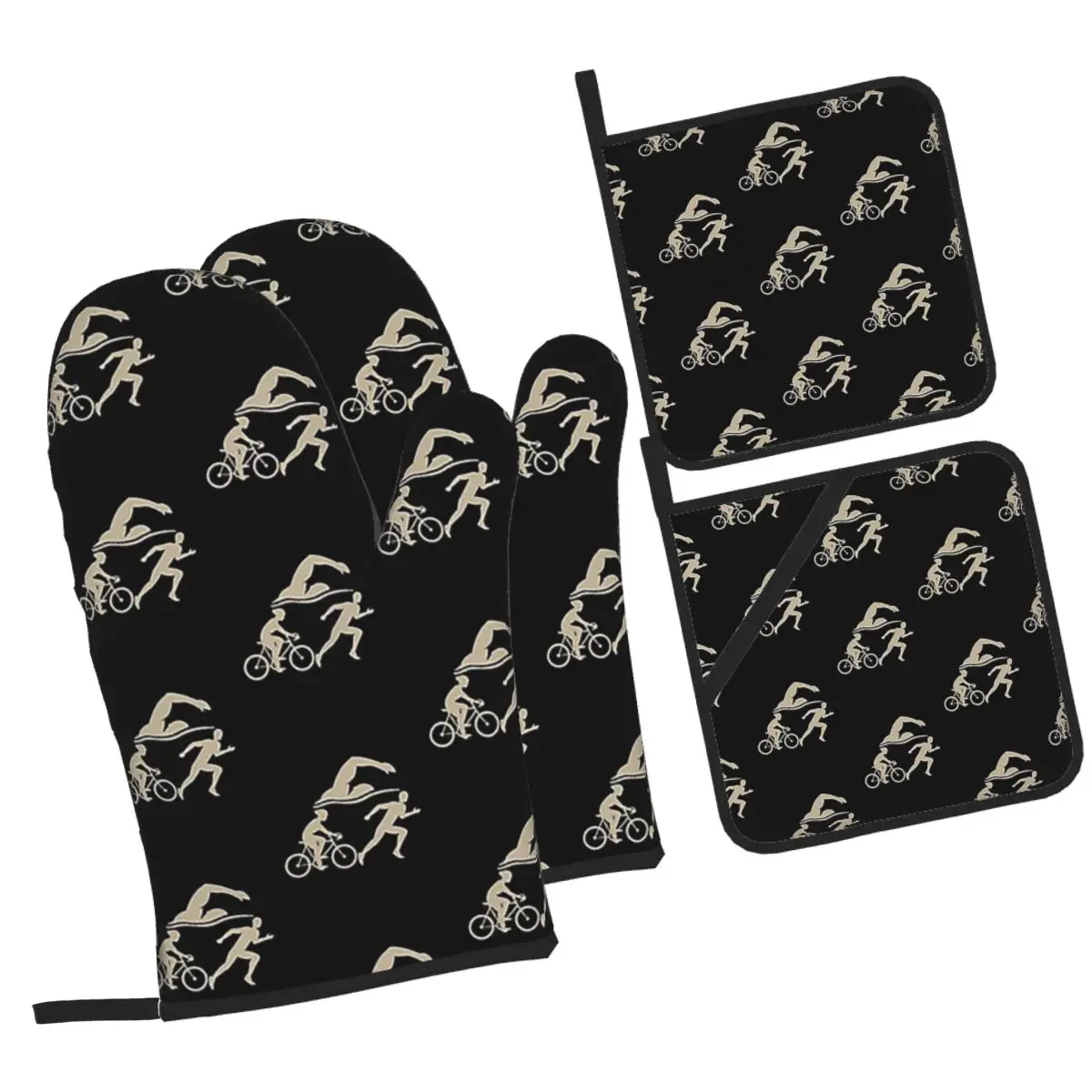 Triathlon - Swim Bike Run Triathlete Oven Mitts and Pot Holder Sets of 4 for Baking Cooking BBQ Resistant Non-Slip Gloves