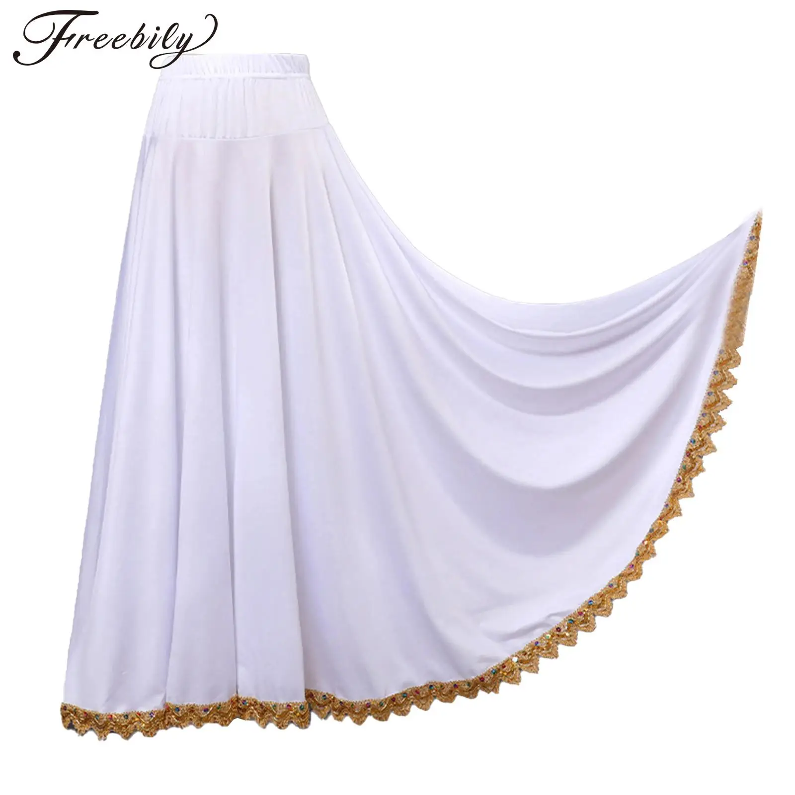 Damska spódnica do flamenco hiszpańskiego Paso Doble, pełna okrągła spódnica maxi z wysokim stanem i falbanami, kostium do tańca towarzyskiego z kwadratowym brzuchem.