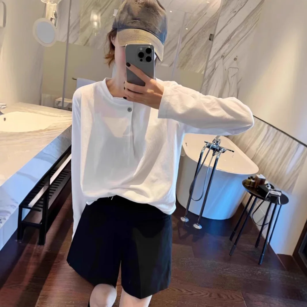 

Straight Shoulder Cotton Tee Women‘s White Oversized Long Sleeve Top, Loose Fit Lazy Basic for Layering, Spring Autumn Essential