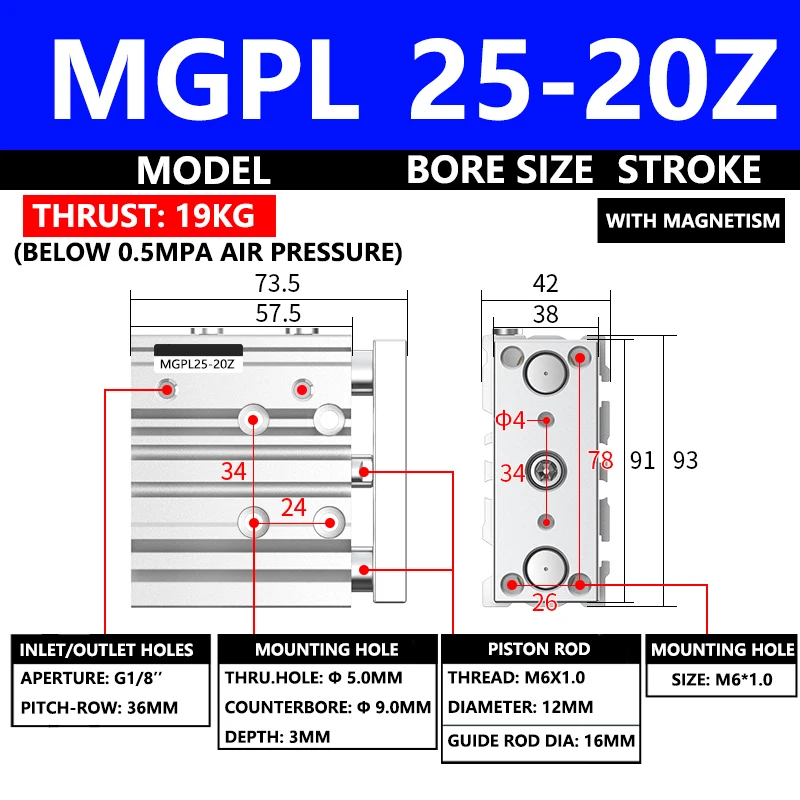 

ABILKEEN MGPL Series Pneumatic Compact Guide Cylinder MGPL25-20Z 25MM Bore X 20MM Stroke Thin Three Axis Three Rod Air Cylinder