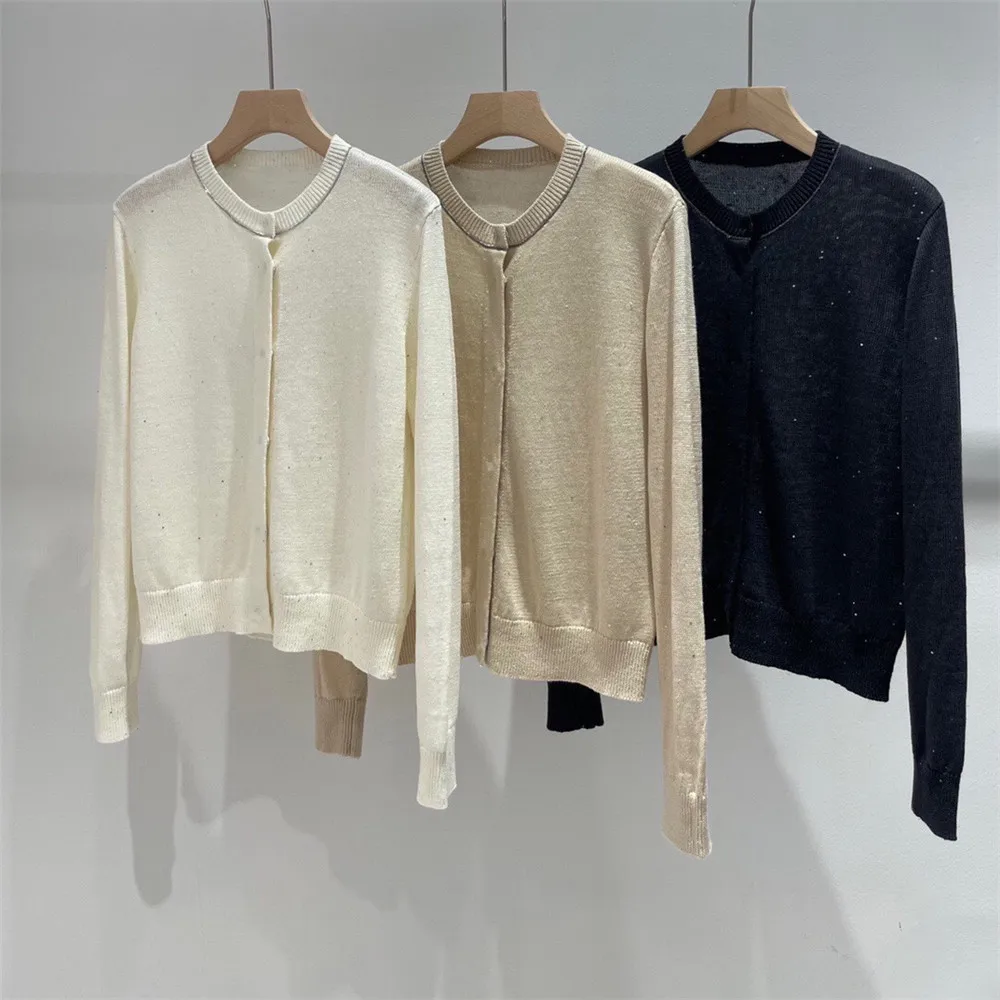 

Women's Knitted Cardigan O-Neck Bead Chain Sequins Linen Long Sleeves Top‘s