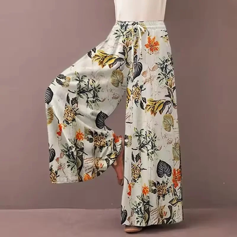 2025 frühling Sommer Floral Print Breite Bein Hosen Frauen Kordelzug Böhmen Hosen Asual Lose Beiläufige Elastische Taille Pantalon Damen