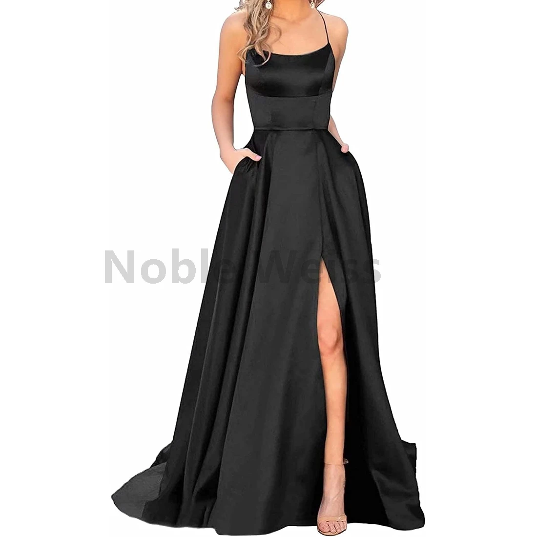 

A-Line Prom Dresses with Pockets High Slit Evening Gown Satin Ball Formal Teen Dress for Party Customize