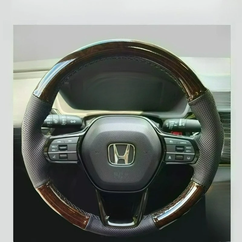 

Для Honda Accord Civic 11-го поколения CRV 2023 2024, сшитый вручную ремонт, черный персиковый цвет дерева, кожаный чехол на руль автомобиля