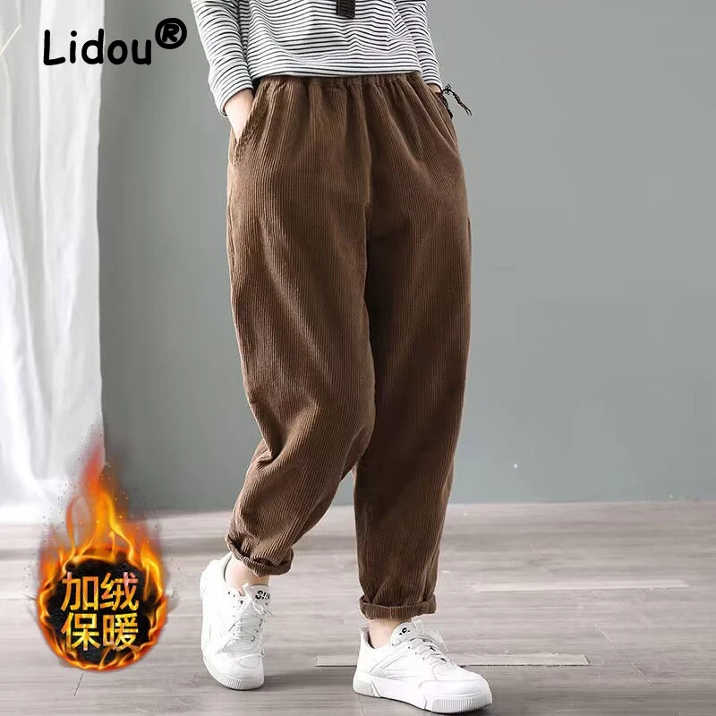 

New Women Autumn Winter Vintage Corduroy Fleece Warm Baggy Harem Pants Casual Streetwear Solid Pockets Trousers Loose Pantalones