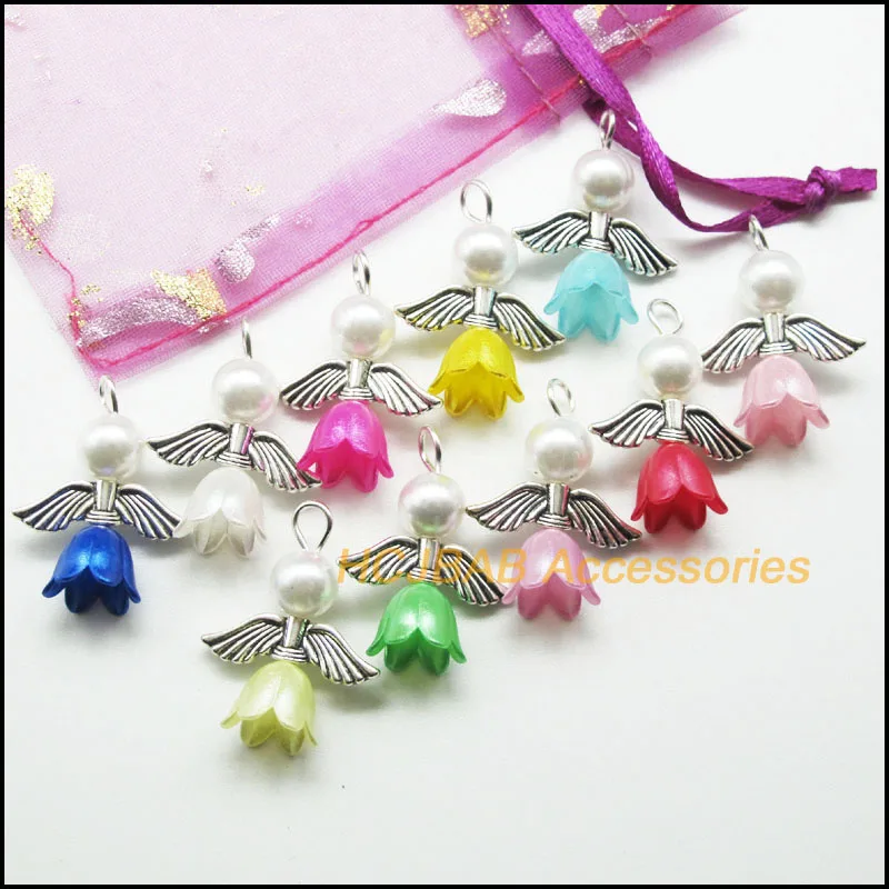 20Pcs Silver Plated Purity Mixed Acrylic Orchid Flower Bell Angel Charms Pendants 22x25mm