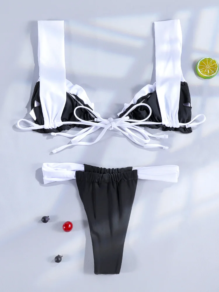 Miyouj 2024 Bikini Summer Swimming Suit New Sexy Bathsuit Women Swimwear High Cut Bathwear Ruffle Biquini Block Color Bikini Set